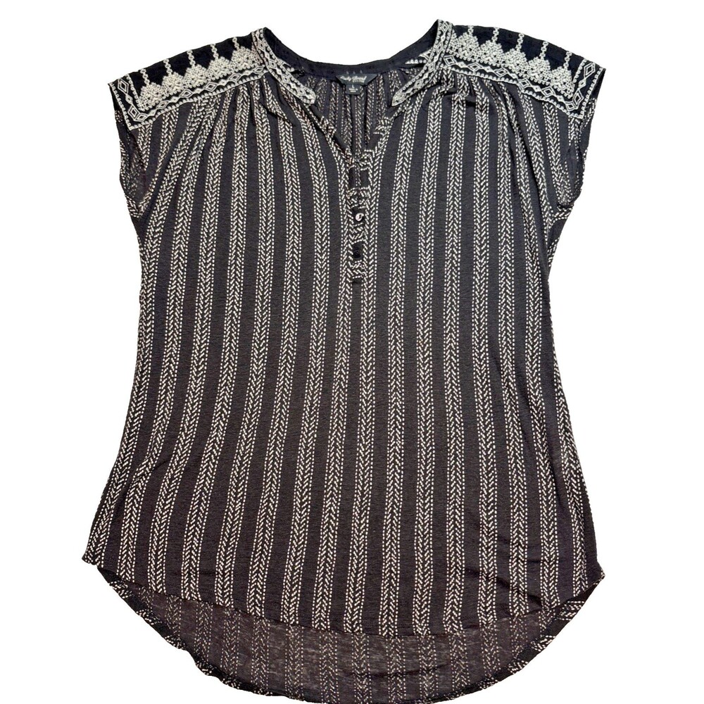 Lucky Brand Women Linen Blend Embroidered Tunic Top Black White Boho Size Large
